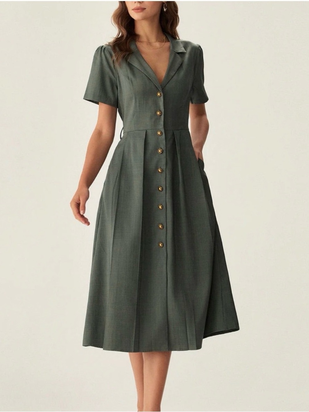 RIHOAS Olive Green Button-Front Collared Midi Dress